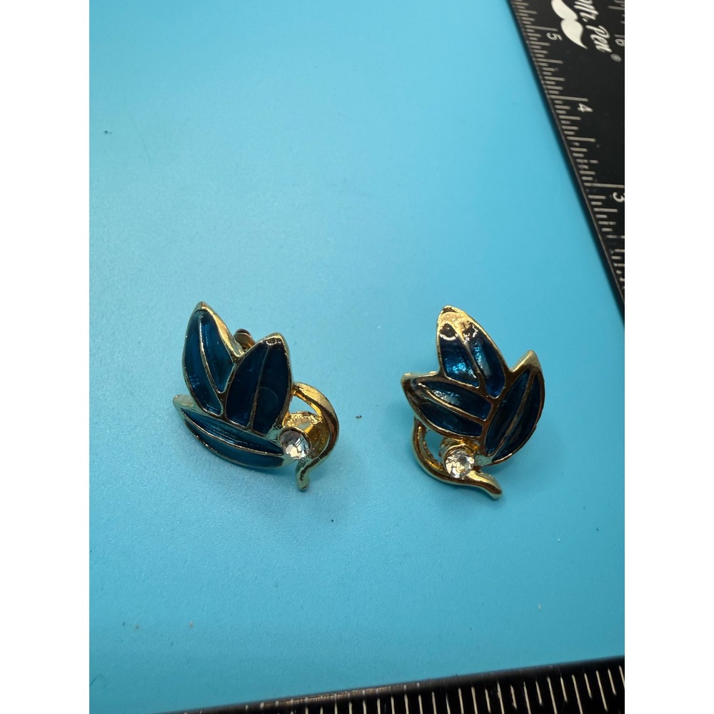 Vintage Blue Enamel Leaf Stud Earrings Gold Tone Rhinestone Botanical Post Back